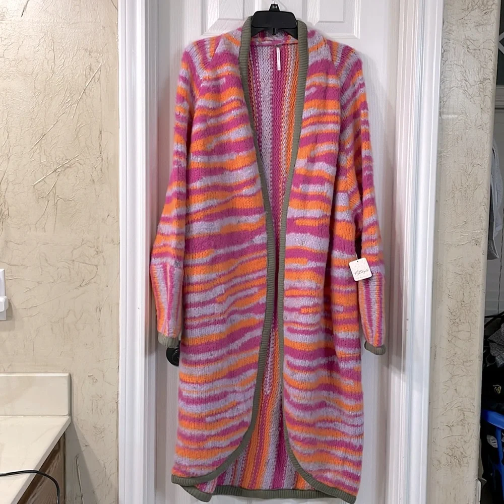 Free People Pink Orange Striped Long Cardigan